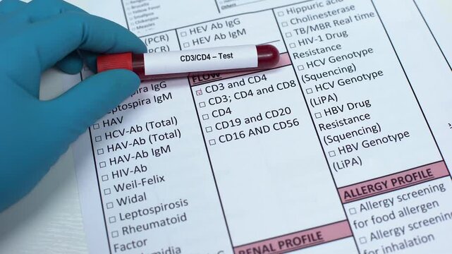 Medical test tube labeled CD3 CD4 placed on lab report, representing immune system testing, HIV monitoring, and clinical diagnostics.