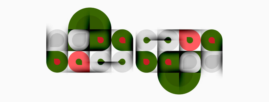 Abstract geometric shapes, circles, squares, green, red, white. Minimalist design, pattern, repetition, modern aesthetic.