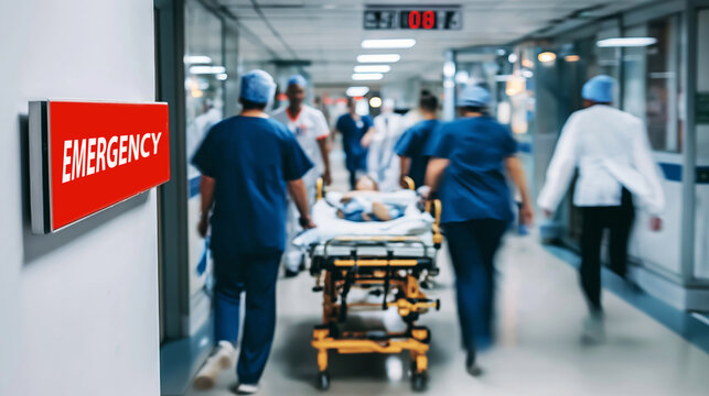 Hospital emergency room staff rushing patient on stretcher along corridor, medical team responding to urgent healthcare situation