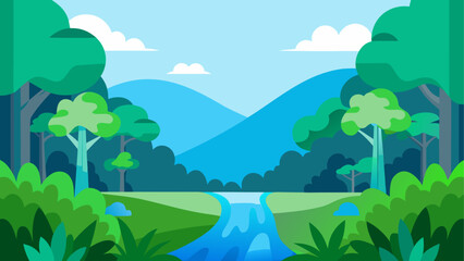 Fototapeta premium Tropical river flowing through lush green mountains under a clear sky