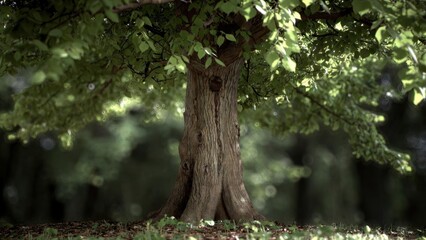 Obraz premium Large tree trunk standing in shaded forest clearing