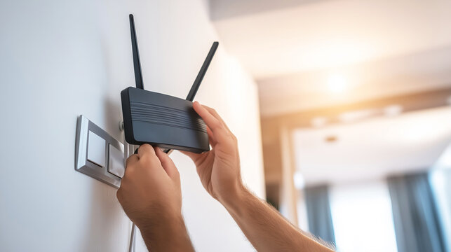 Hands connecting a wifi router, installing high speed internet in a contemporary home. Setting up wireless network access