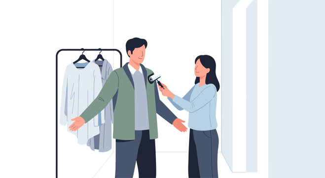 Tailor measuring man's jacket for perfect fit, fashion design, fitting room, clothes rack
