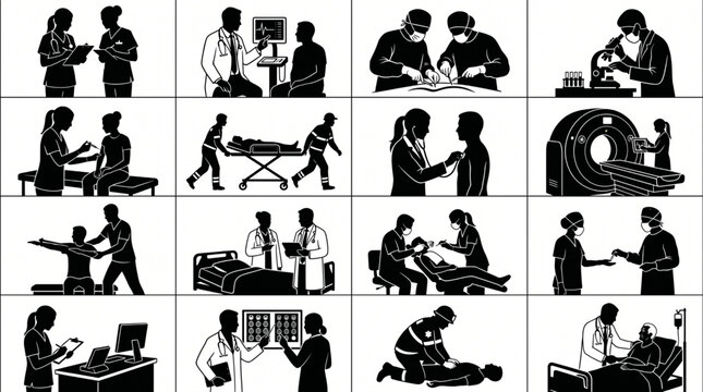 Massive collection of medical silhouettes featuring doctors, nurses, surgeons, and paramedics performing various hospital tasks, surgical procedures, patient care, and emergency first aid.