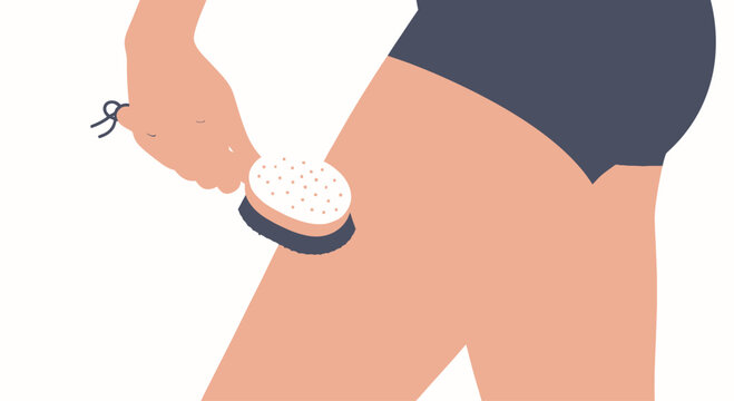Woman dry brushing thigh for cellulite reduction and skin exfoliation