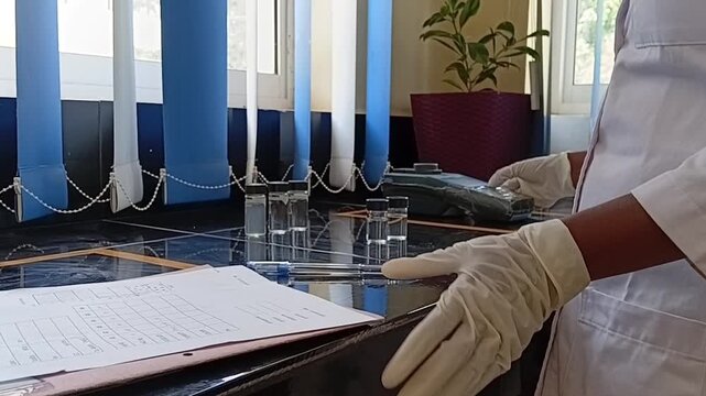 Lab Technician in White Gloves Testing Sample with Turbidity Meter and Recording Jar Test Data