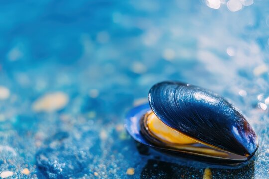 日中に水辺近くの海岸に浮かぶ青いムール貝