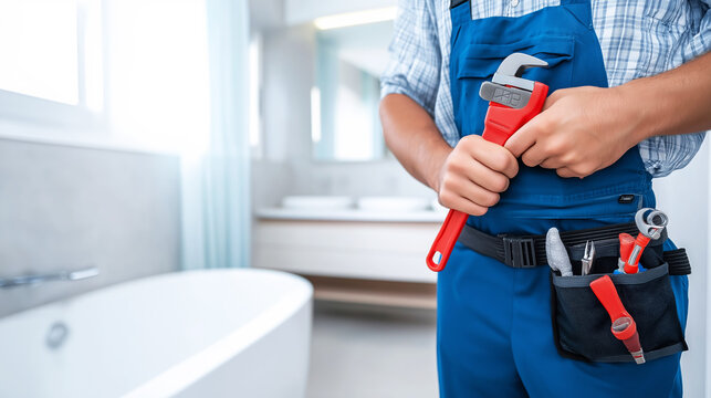 Plumber wearing blue overalls and a tool belt, holding a monkey wrench, standing in a bright modern bathroom