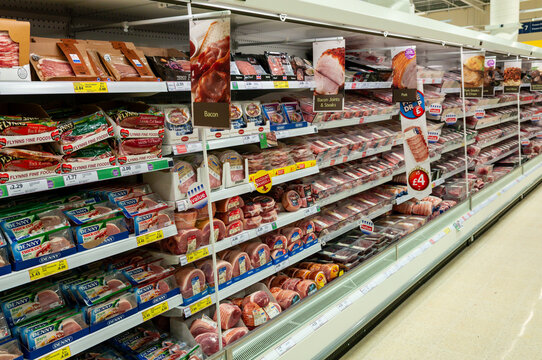 Chilled meat shelves in a Tesco store