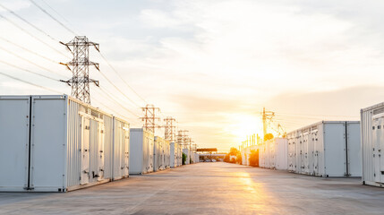 Fototapeta premium Industrial battery energy storage system containers at sunset, connecting future power grid technology and sustainability