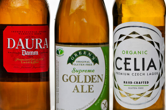 Three bottles of gluten-free beer Damm Daura, Greens Supreme Golden Ale and Celia from the Czech Republic
