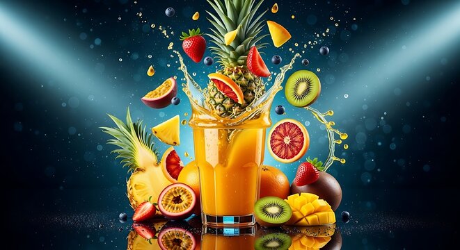 Percikan jus buah tropis dalam gelas dengan latar belakang biru