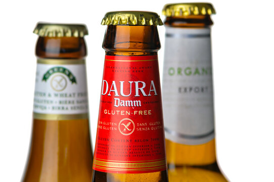 Three bottles of gluten-free beer Damm Daura, Greens Supreme Golden Ale and Celia from the Czech Republic