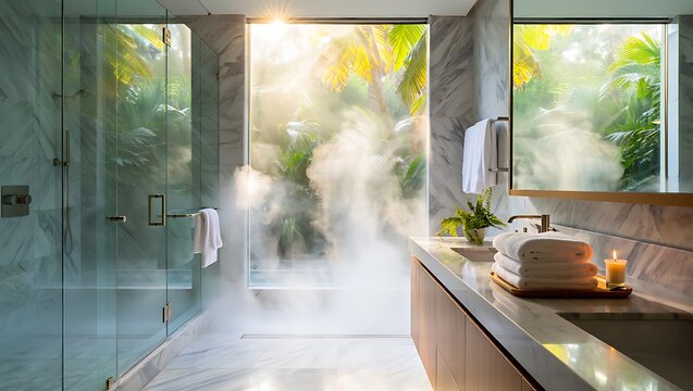 Morning shower scene with steamy glass doors, soft light filtering through window, creating calm, refreshing bathroom atmosphere focused on hygiene, relaxation, and modern lifestyle comfort.