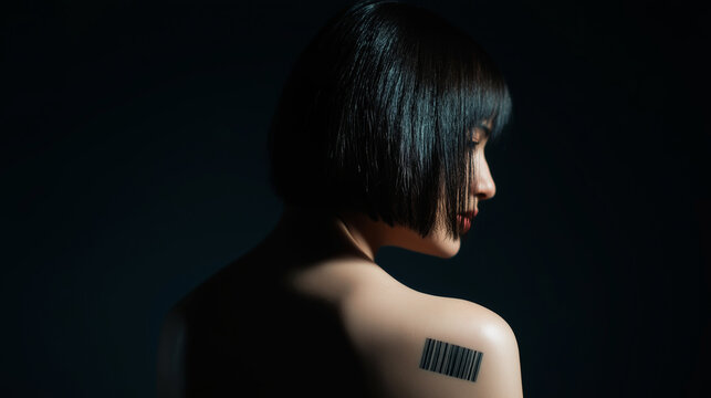 Woman with barcode tattoo on bare shoulder, representing identity, dehumanization, and consumerism in modern society