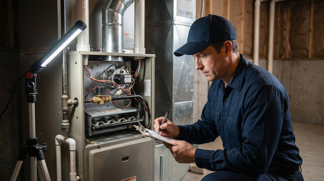 Professional HVAC technician inspecting residential furnace system in basement while taking notes, showcasing maintenance, repair service, heating system check, safety inspection, and home service wor