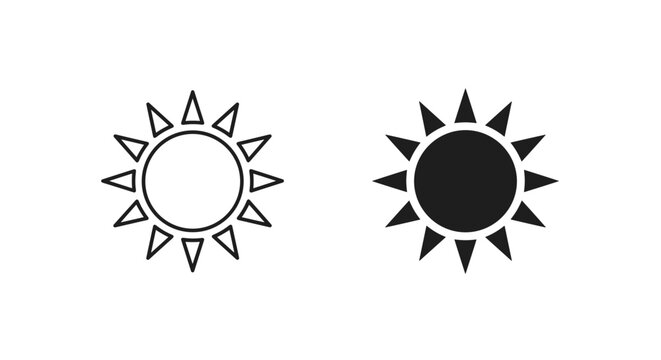 Minimalist sun icons set, black outline and solid sun symbols, simple weather vector graphics for interface design and mobile apps