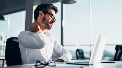 Fototapeta premium Male office worker having neck pain while working on laptop, experiencing discomfort and tension from prolonged desk work