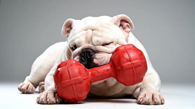 Funny English Bulldog with Red Dumbbell Toy.