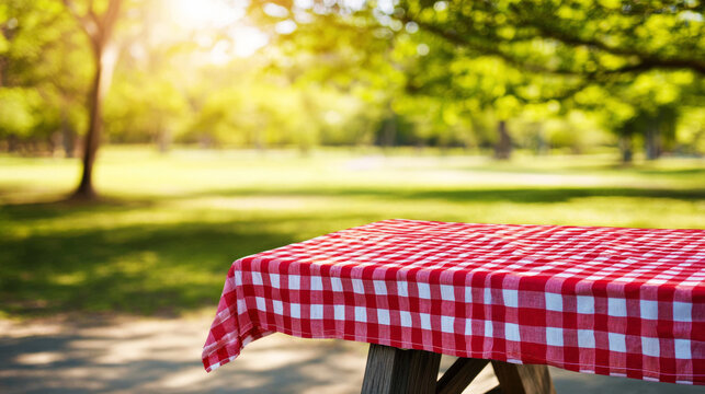 Picnic table with red checkered tablecloth in a sunny park providing copy space for summer concepts
