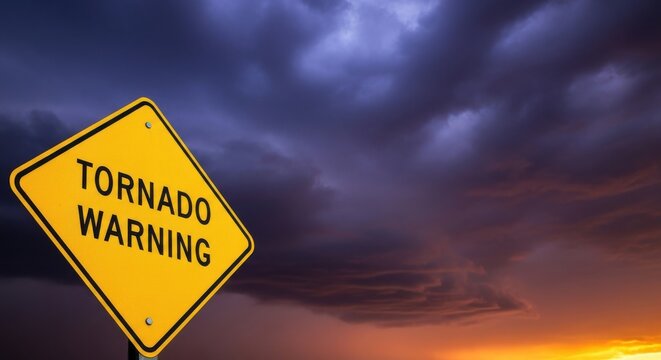 Severe weather warning tornado warning sign against dramatic stormy sky potential danger