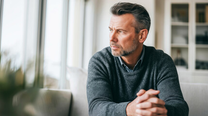Naklejka premium Mature man sitting pensively, lost in thought by window light, reflecting on future vision and personal challenge