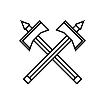 Crossed tomahawks line art illustration on transparent background silhouette