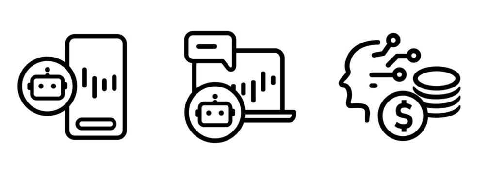 Artificial intelligence AI trading icon set robot assistant on smartphone and laptop screen for algorithmic financial data analysis money investment symbols for automated stock market trading