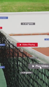 Vertical video: Play icon showing, starting UI tags stacking, ball passing past net, revealing net