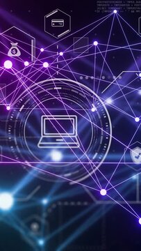Vertical video: Neon nodes emerging, HUD glowing and rotating, laptop gaining contrast for security