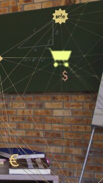 Vertical video: On start, chalkboard visualizing sales connections, lines fanning and cart glowing