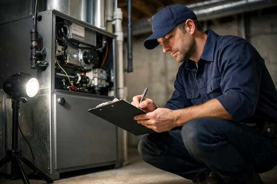 Professional HVAC technician inspecting residential furnace system in basement while taking notes, showcasing maintenance, repair service, heating system check, safety inspection, and home service wor