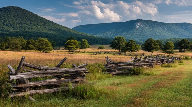 Rustic Split Rail Fence Across a Verdant Field With Distant Mountains Under a Cloudy Sky