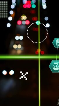 Vertical video: HUD activating, scanning blurred cars, crosshair rising, hex icons pulsing for flow