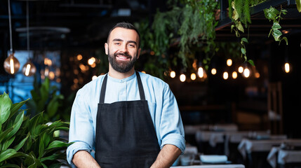 Fototapeta premium Friendly restaurant waiter smiling, offering excellent hospitality in a stylish modern dining environment