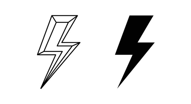 Lightning bolt vector icons, black thunderbolt flash symbols, electric power energy signs, minimalist weather strike graphic elements on white background