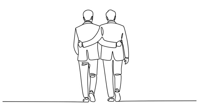 Two men in suits with arms around shoulders walking together shoulders friendship teamwork
