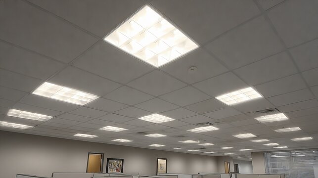 Illuminated suspended drop ceiling with beige tiles and embedded fluorescent lighting panels in an office interior
