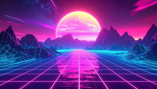 Neon landscape featuring a grid road, mountains, and a glowing sun