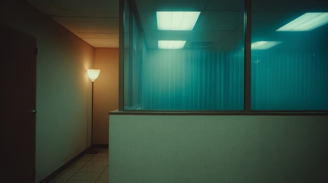 Modern Office Interior with Suspended Drop Ceiling and Soft Illumination