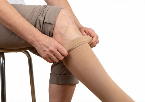 Senior patient putting on medical compression stockings to treat varicose veins and leg circulation.