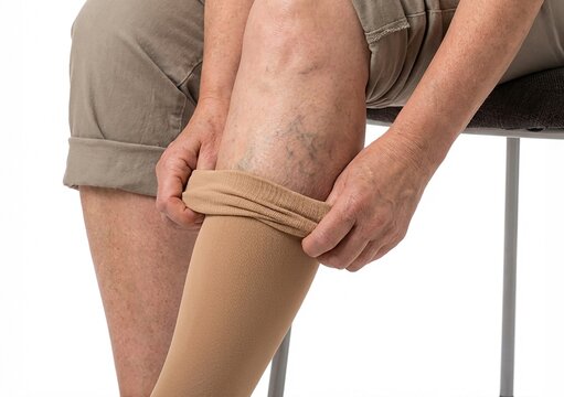 Senior patient putting on medical compression stockings to treat varicose veins and leg circulation.