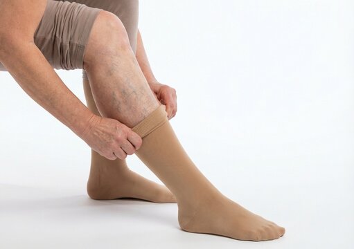Senior patient putting on medical compression stockings to treat varicose veins and leg circulation.