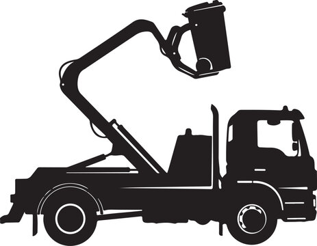 Black garbage truck, waste collection vehicle, sanitation truck, dumpster lifter, silhouette icon