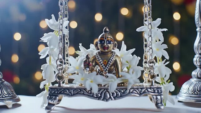 Exquisite Brass Idol of Bal Gopal Baby Krishna on an Ornate Silver Swing Jhula Adorned with Fragrant Jasmine Flowers for Janmashtami Festival