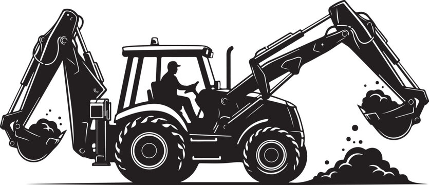 Heavy duty excavator, backhoe loader, construction vehicle, industrial tractor, silhouette illustration