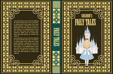 Fototapeta premium 080-38-Ornate vintage book cover with girl character looking at a castle