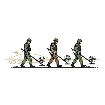 Soldiers with metal detectors searching for explosives or landmines