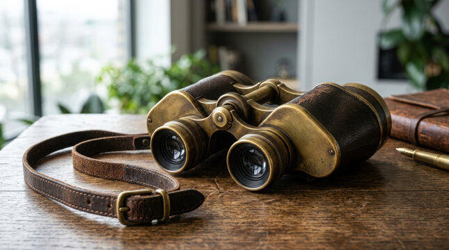 Vintage brass and leather binoculars with weathered strap resting on old oak desk beside journal and gold fountain pen indoors.