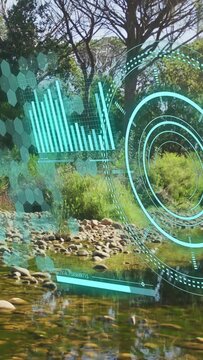 Vertical video: Cam panning, teal HUD moving over creek, bars rising, rings pulsing, showing stats